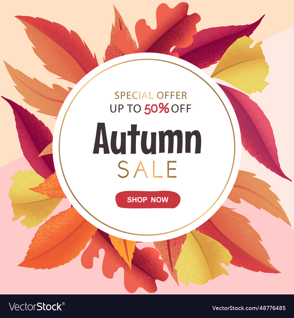 Autumn sale round banner with leaves frame