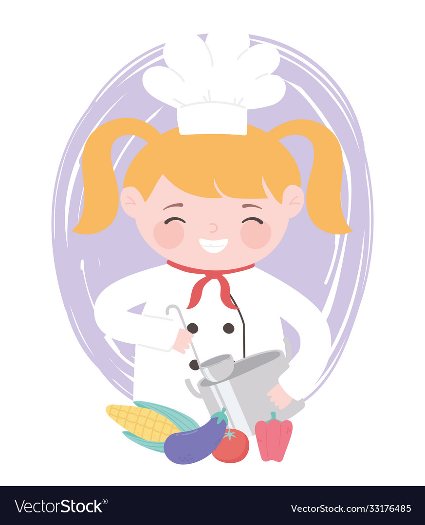 Chef blonde girl with pot and fresh food cartoon