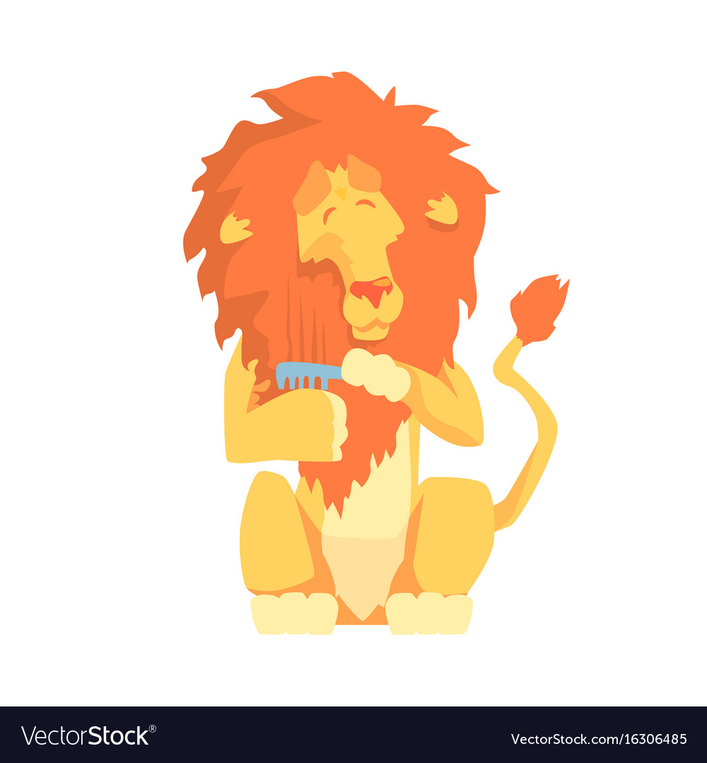 Cute cartoon lion combing its mane colorful Vector Image Cute cartoon lion combing its mane colorful Vector Image