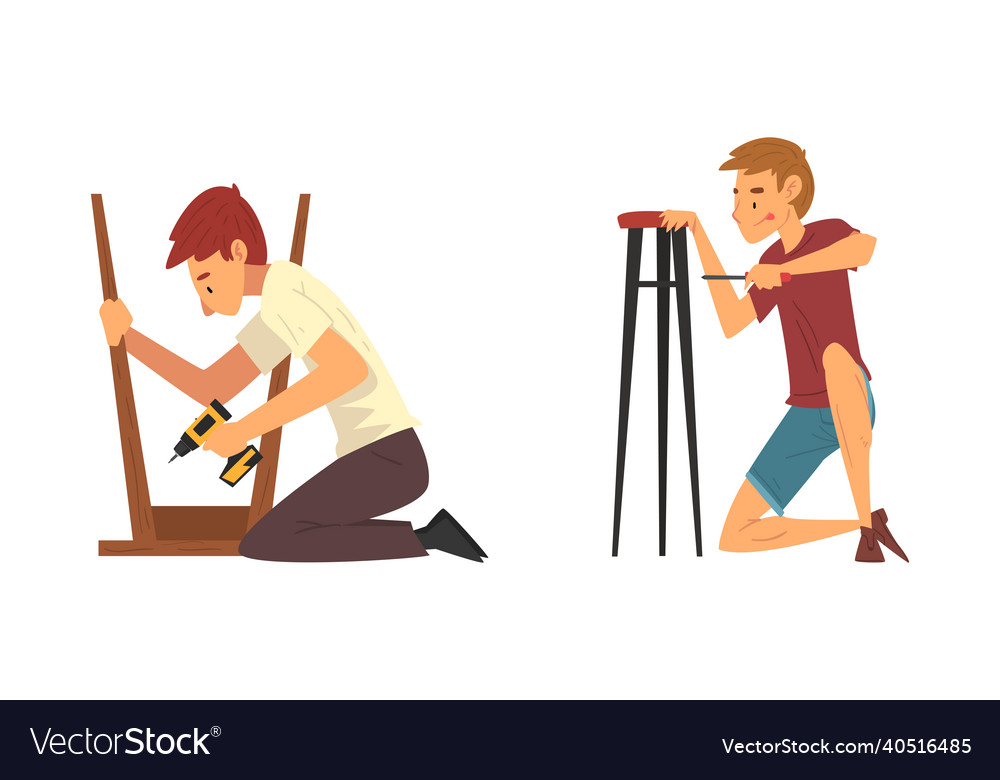 Young man assembling wooden stool with screwdriver