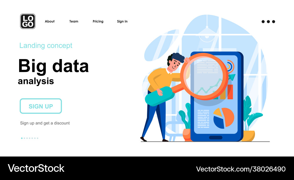 Big data analysis web concept analyst examines Vector Image