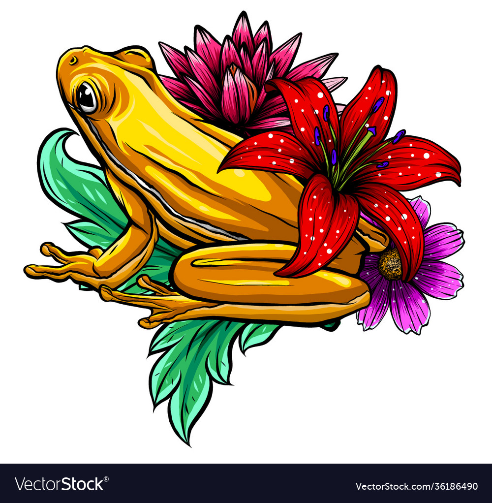 Tropical frog with flowers Royalty Free Vector Image