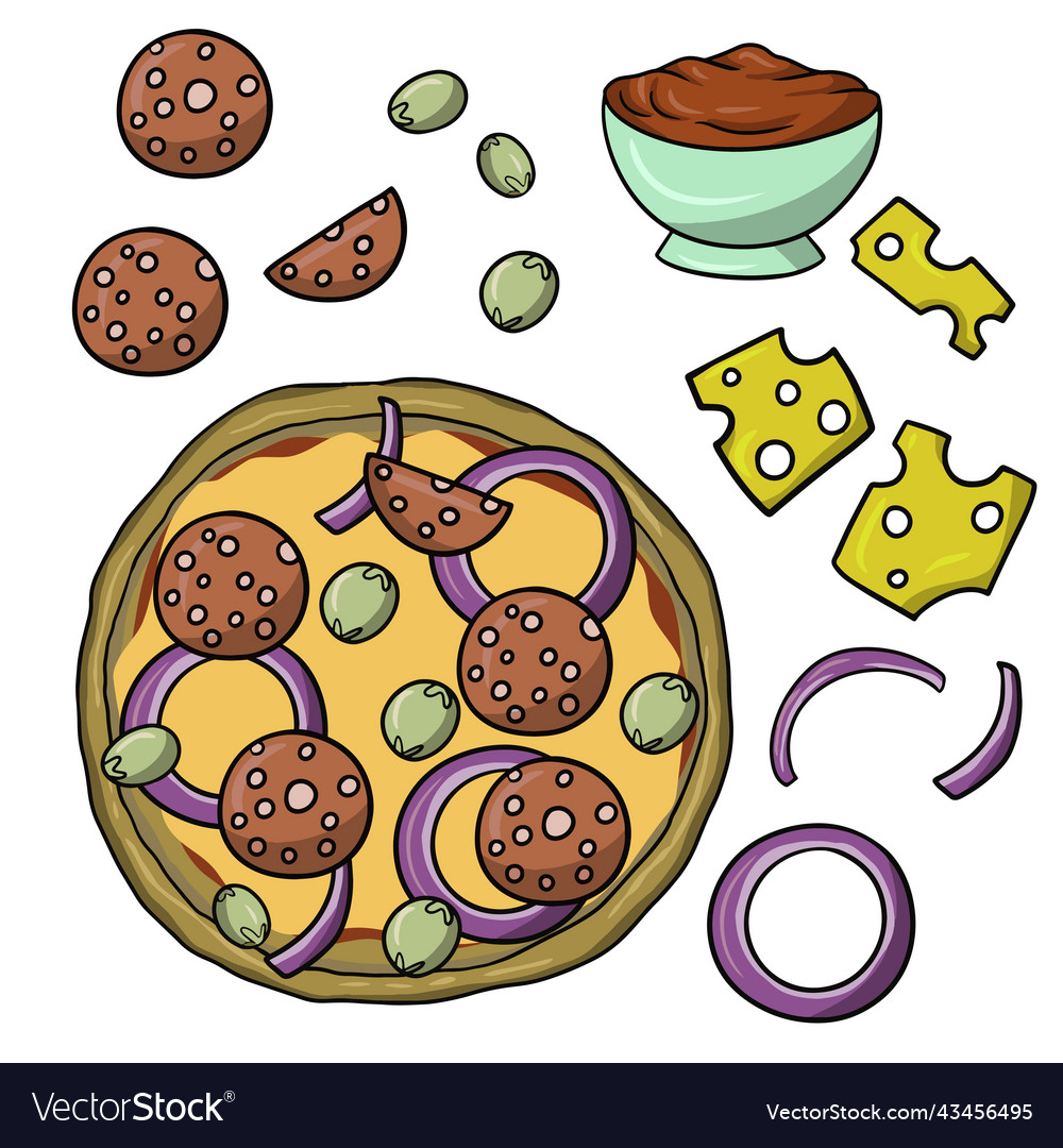 A set of icons for creating pizza with salami