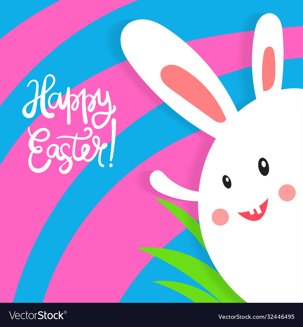 Happy funny cartoon kawaii bunny with grass