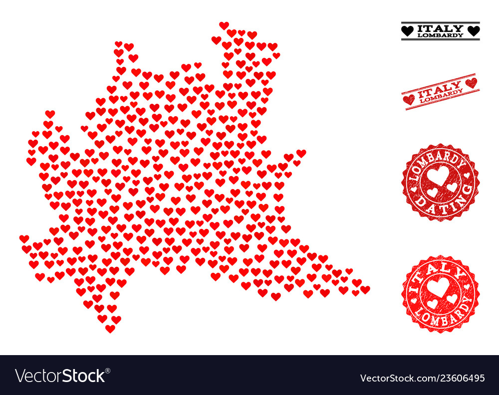 Love mosaic map of lombardy region and grunge