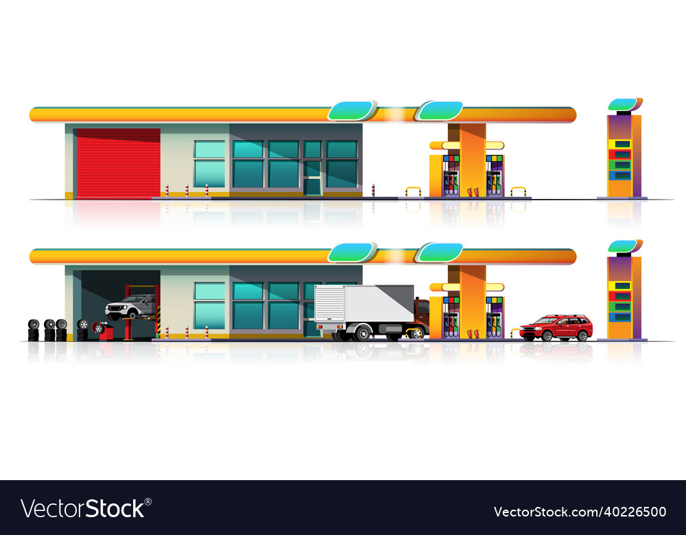 Automobile and truck car filling up at oil station