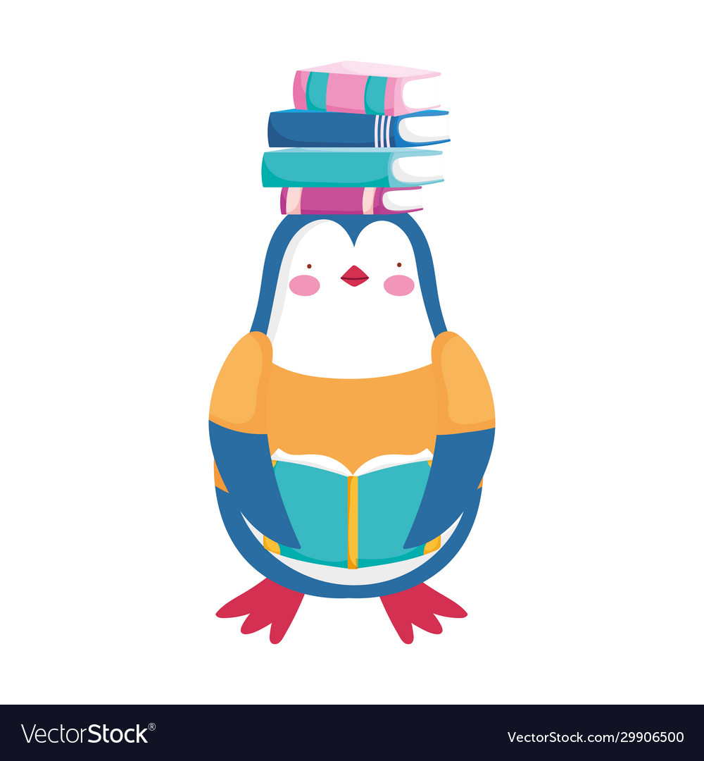 Back to school penguin with books on head cartoon Vector Image