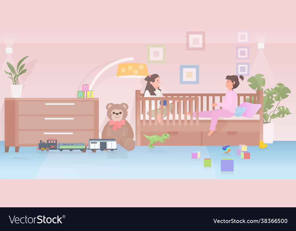 Little children playing toys in crib cute girls