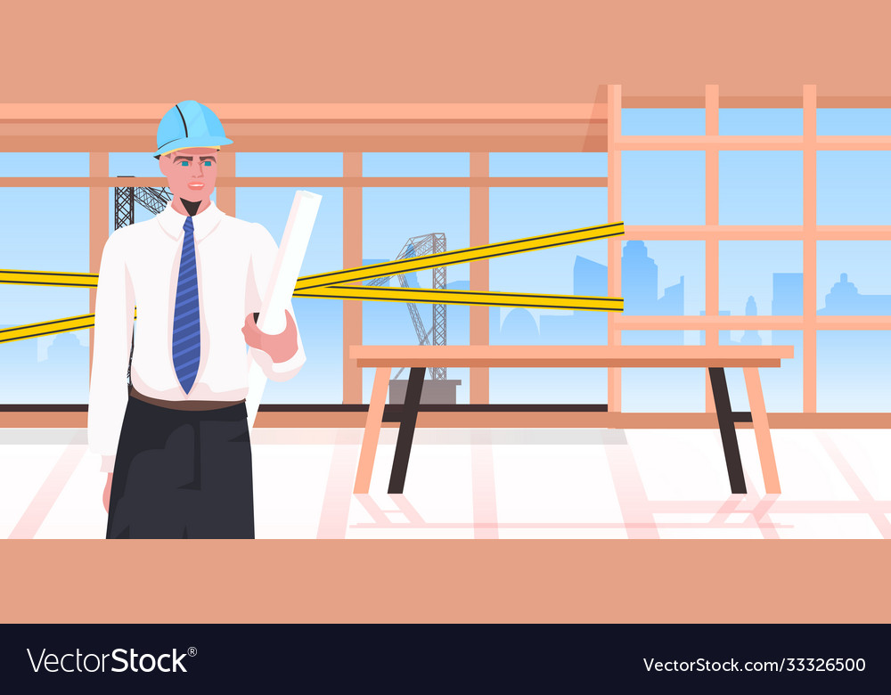 Man builder with project blueprint engineer