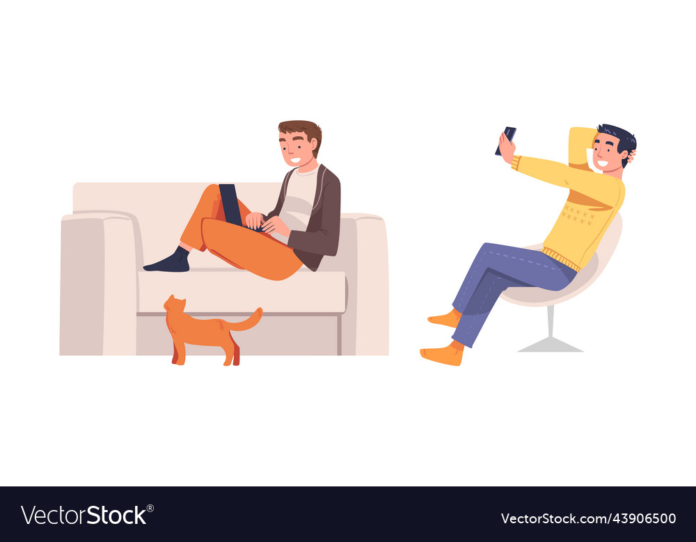 Man character with digital device sitting on sofa vector image Man character with digital device sitting on sofa