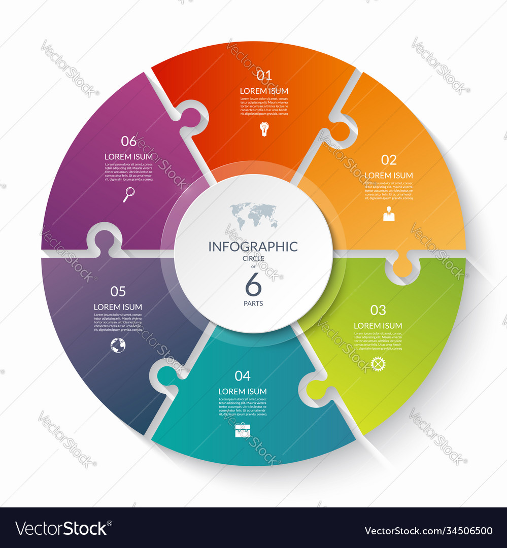 Puzzle infographic circle with 6 steps options vector image Puzzle infographic circle with 6 steps options