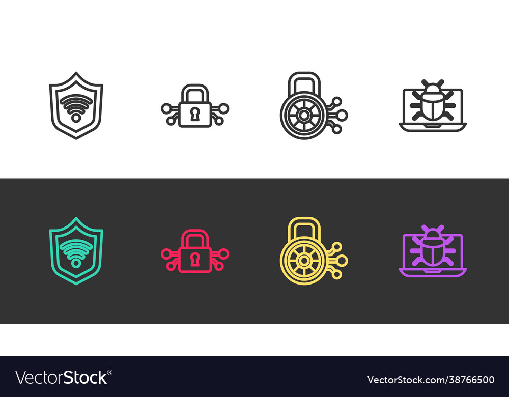 Set line shield with wifi wireless cyber security vector image Set line shield with wifi wireless cyber security