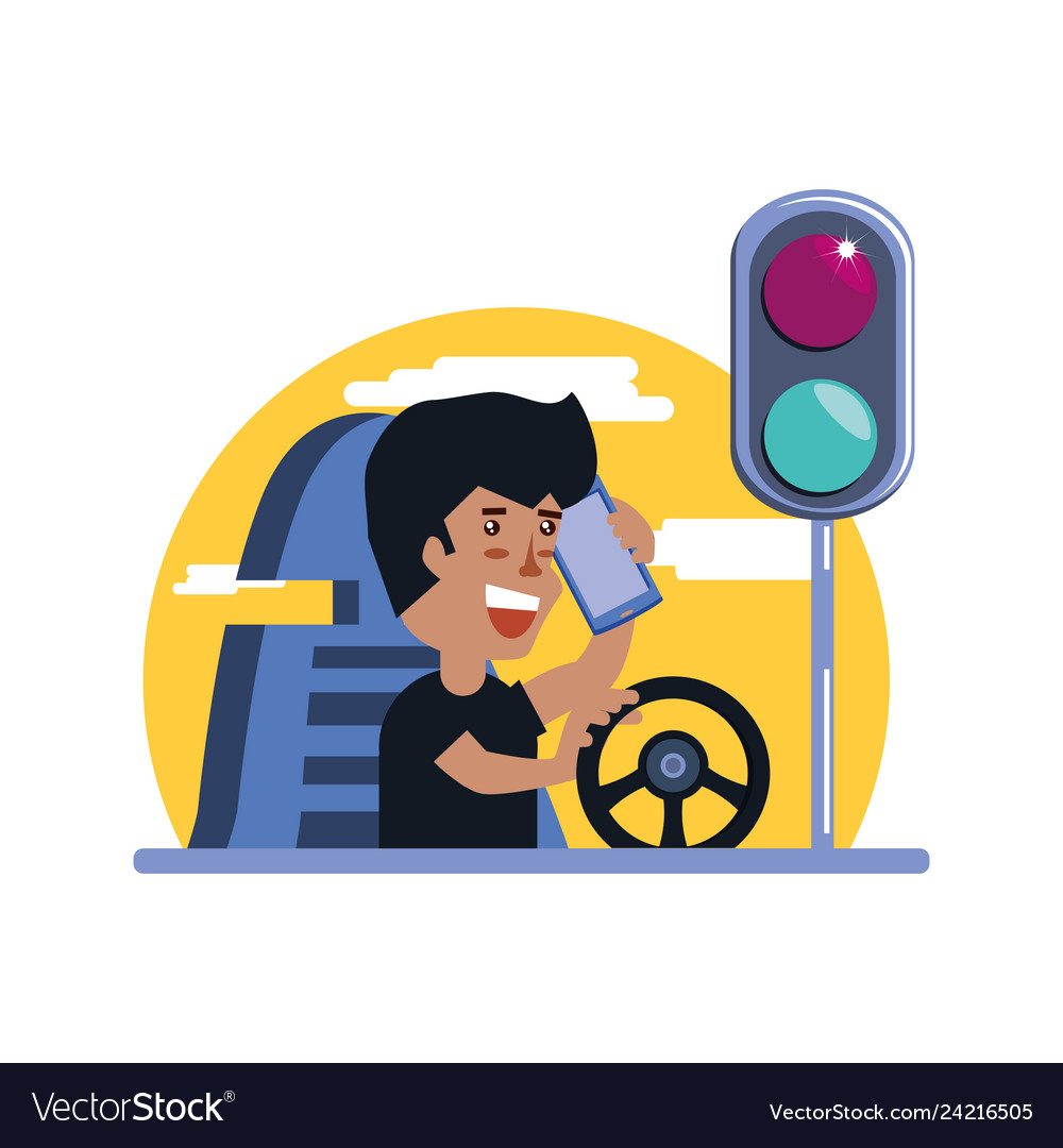 Man driving cart using smartphone with traffic