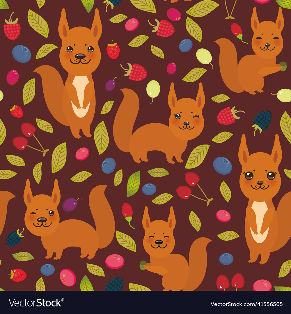 Seamless pattern with red squirrel cherry vector image Seamless pattern with red squirrel cherry