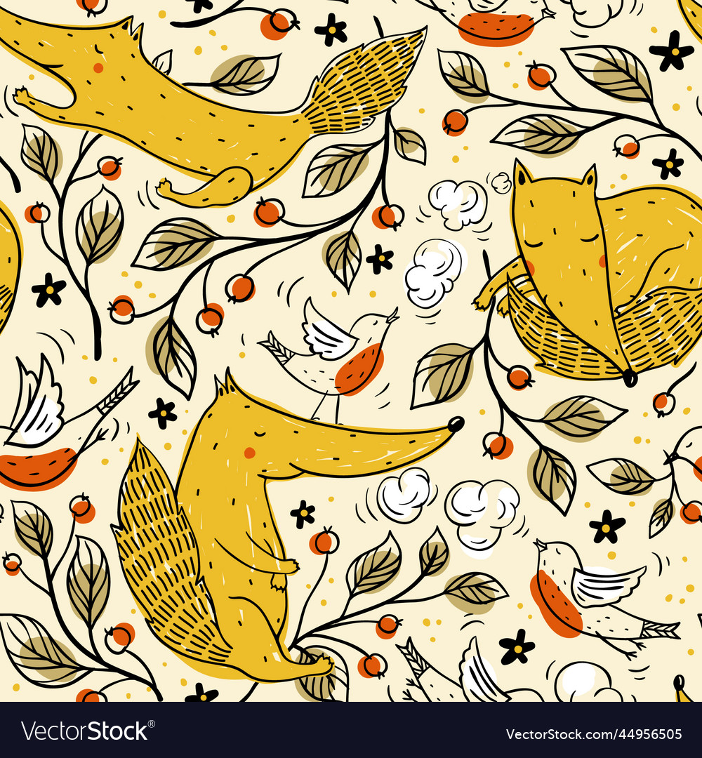 Seamless pattern with yellow foxes and cherry