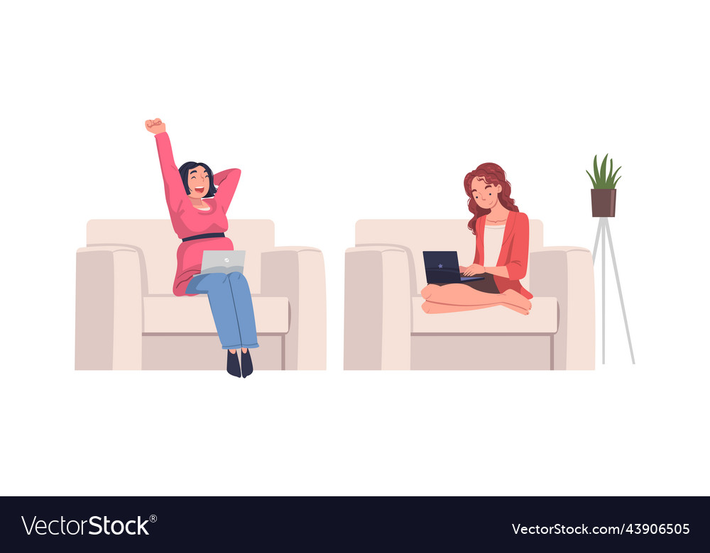 Frau Charakter mit Laptop sitzen im Sessel vector image Frau Charakter mit Laptop sitzen im Sessel