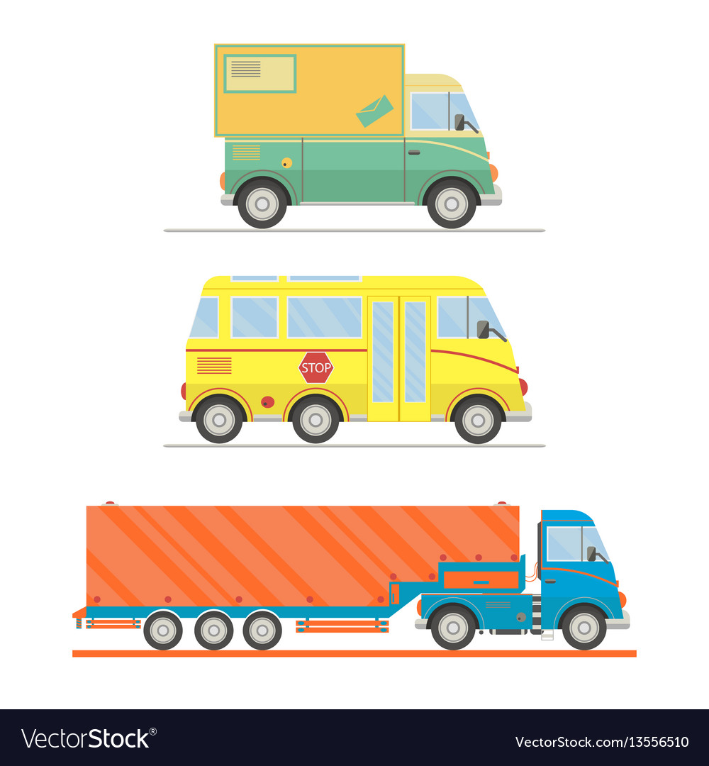 Cartoon transport set postal truck school bus Vector Image Cartoon transport set postal truck school bus Vector Image
