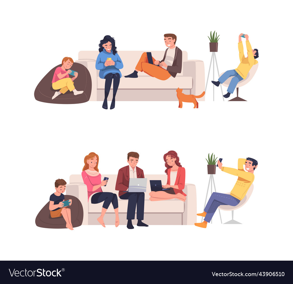 People character with digital device sitting