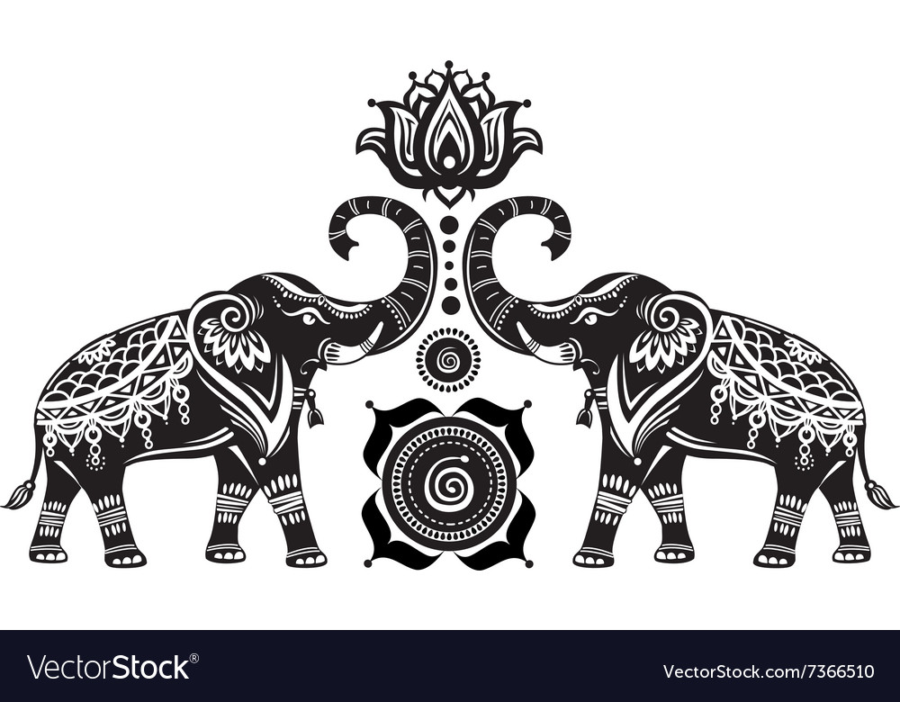 Download Stylized decorated elephants and lotus flower Vector Image