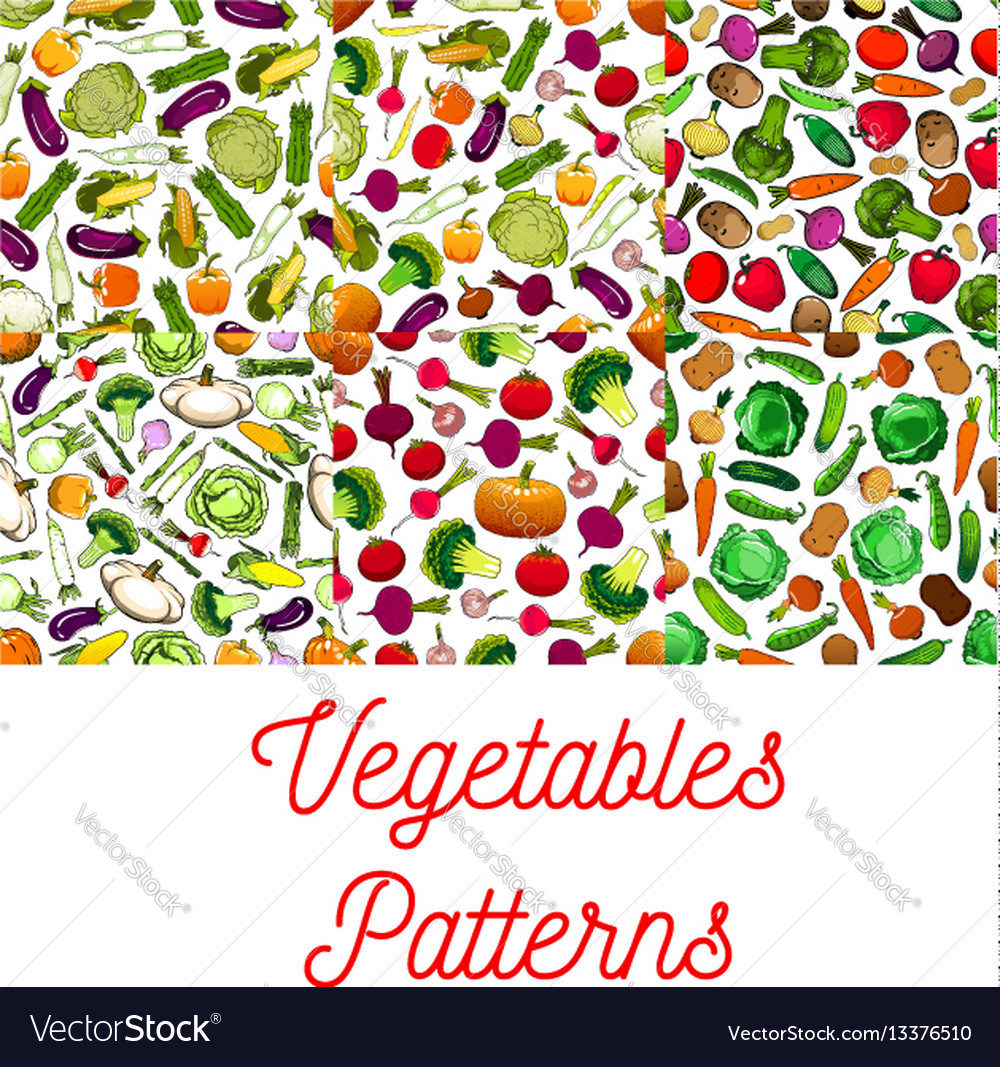 Vegetables vegetarian seamless patterns set Vector Image