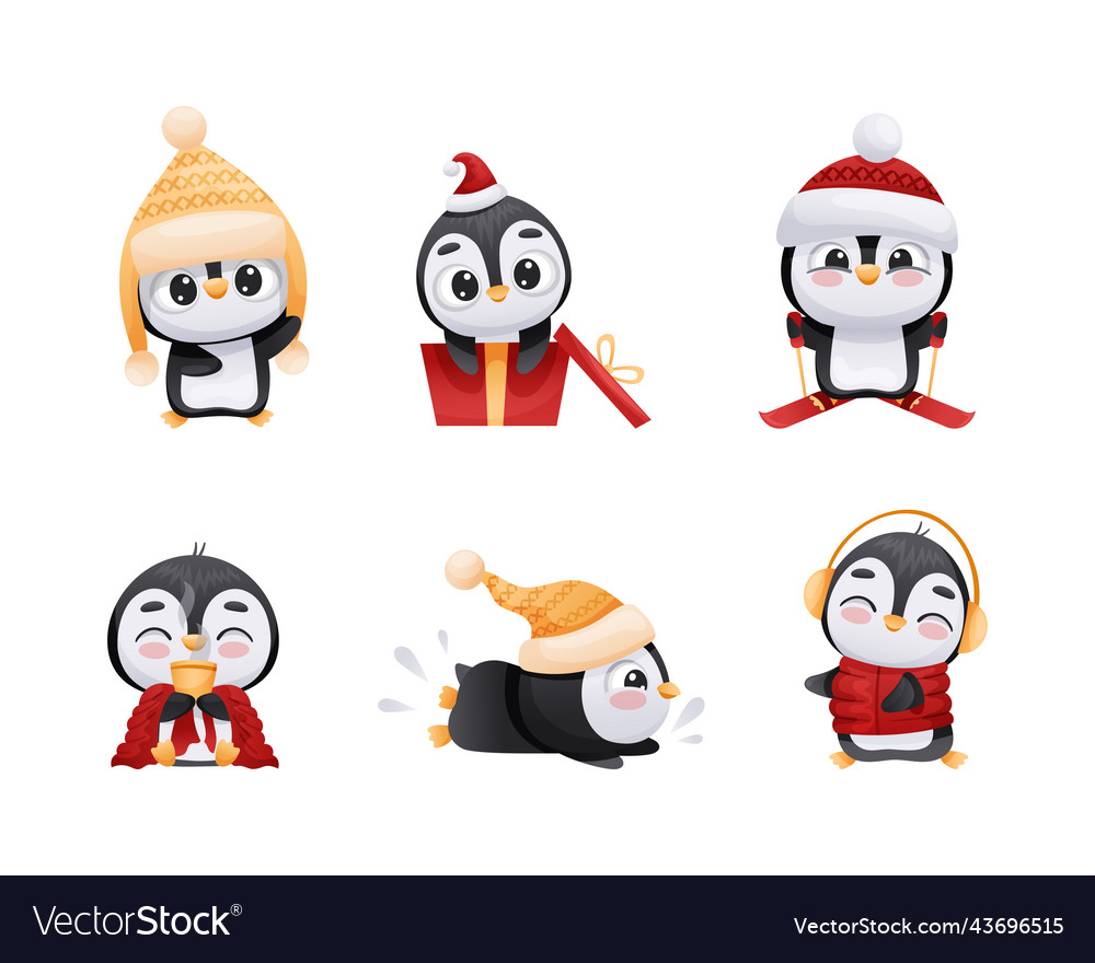 Adorable penguin in warm winter hat engaged