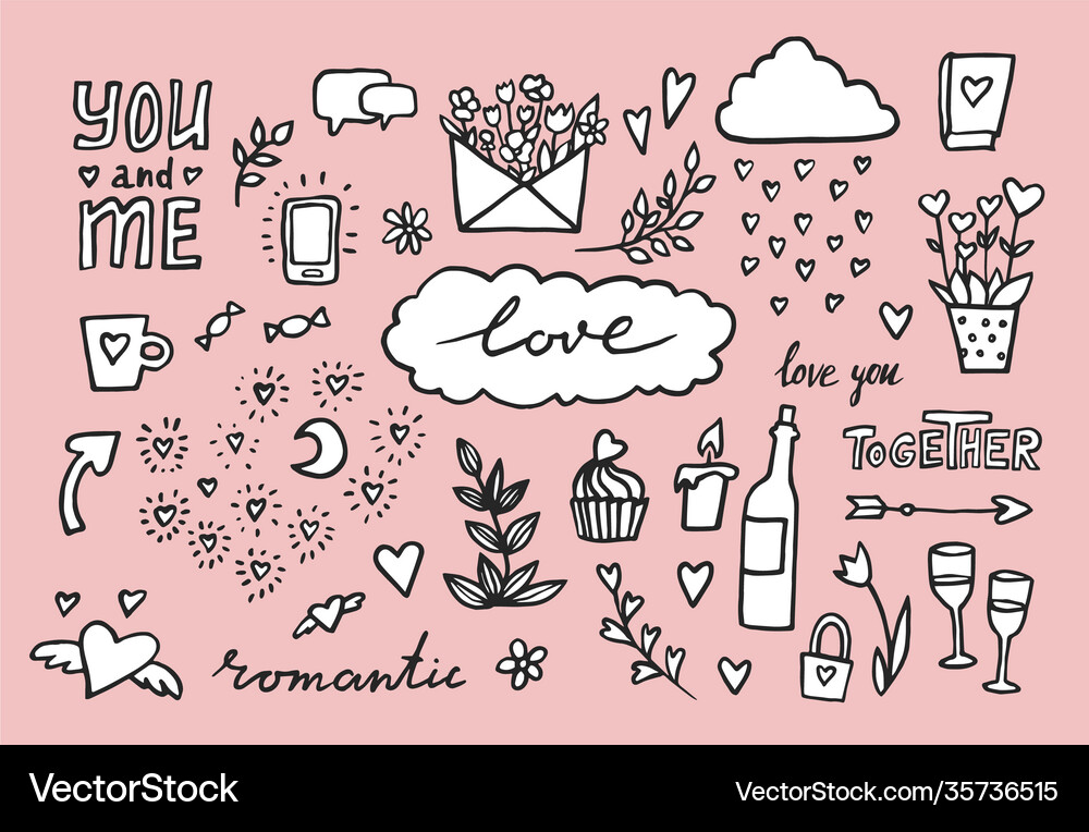 Hand drawn romantic set design elements Royalty Free Vector