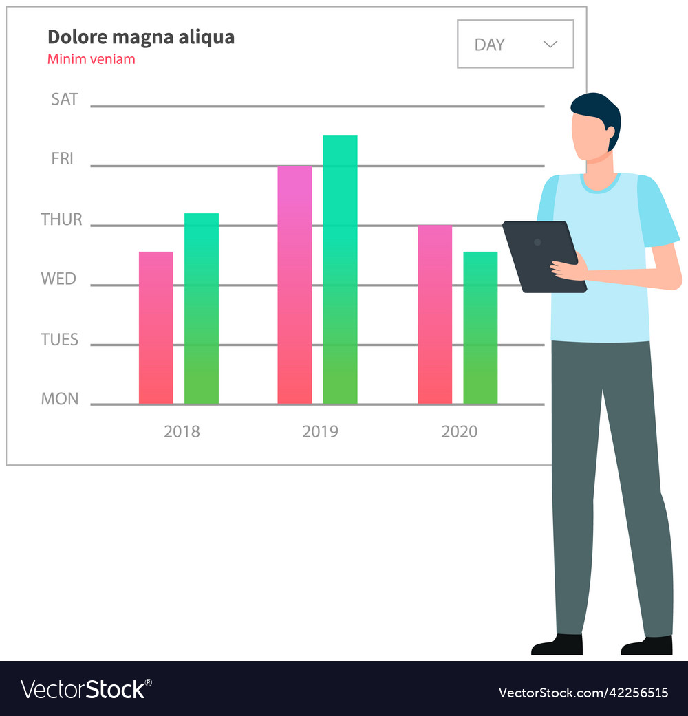 Man analyses digital report with data statistical vector image Man analyses digital report with data statistical