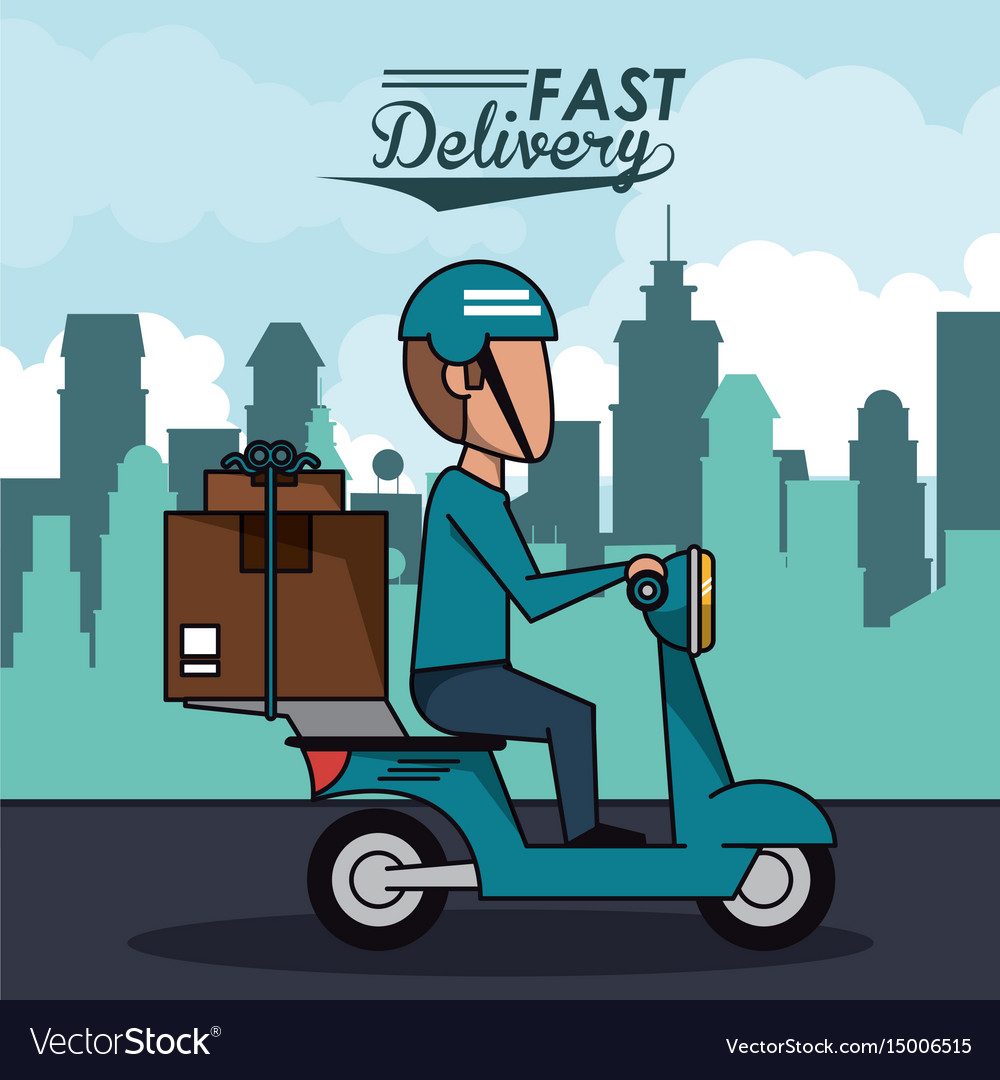 Poster city landscape with fast delivery man