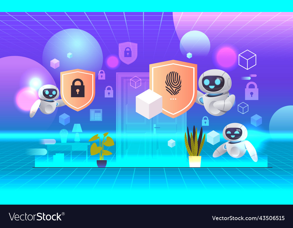 Robots holding shields with padlock Vector Image Robots holding shields with padlock
