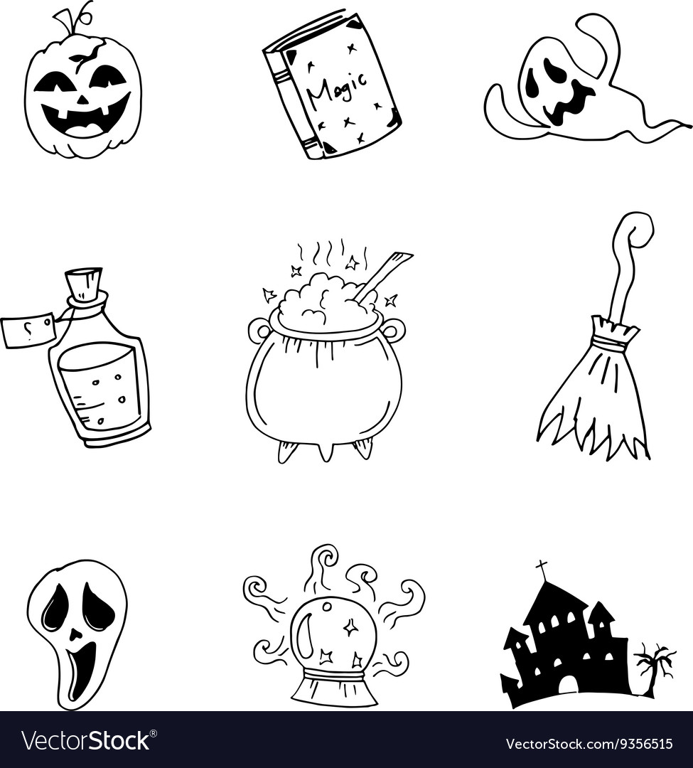 Set Halloween With Hand Draw In Doodle Royalty Free Vector