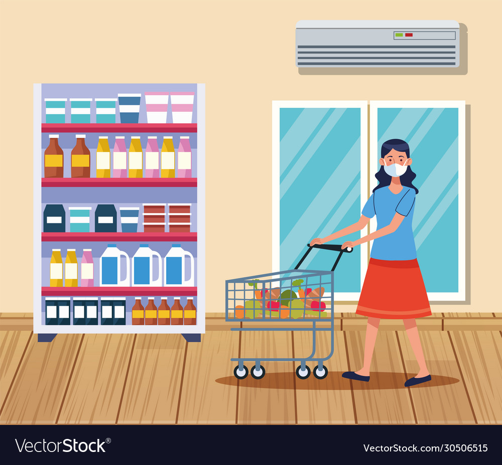 Woman shopping in supermarket with face mask