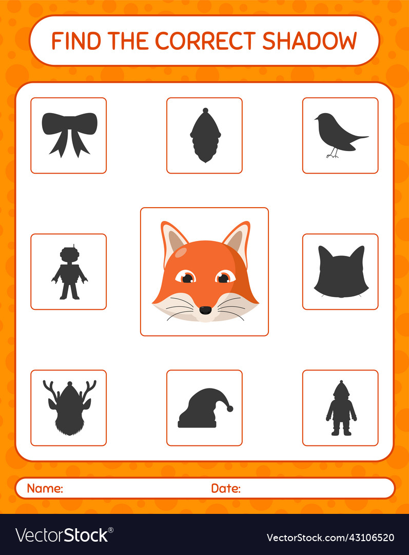 Find the correct shadows game with red fox vector image Find the correct shadows game with red fox