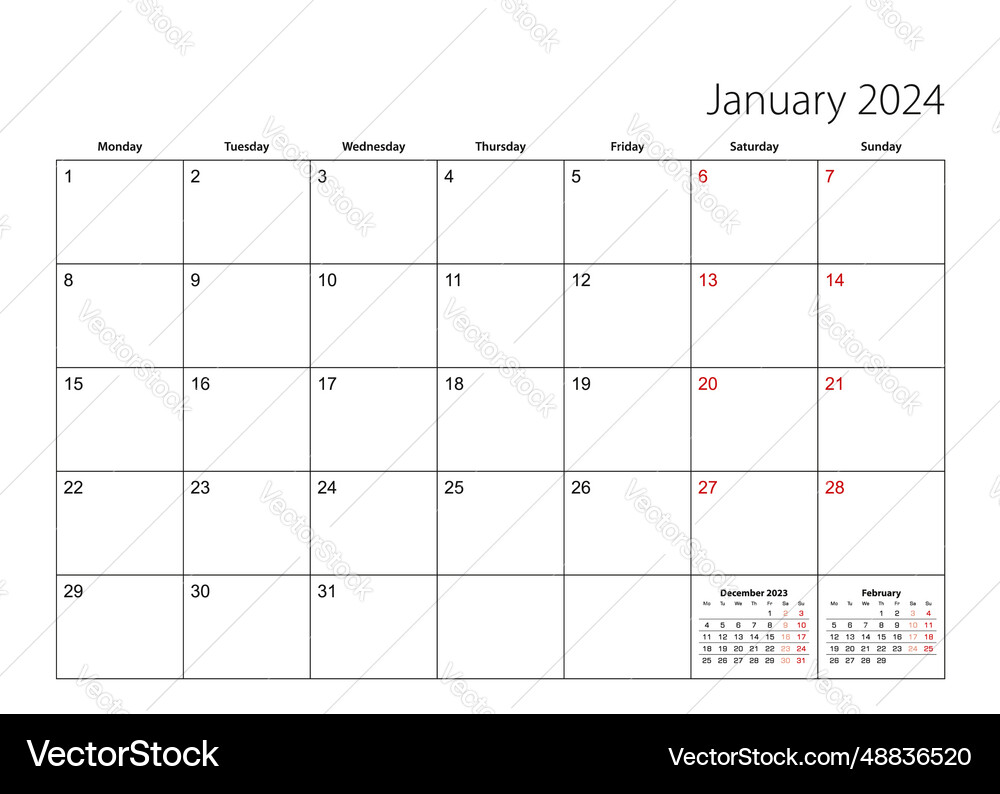 January 2024 simple calendar planner week starts Vector Image