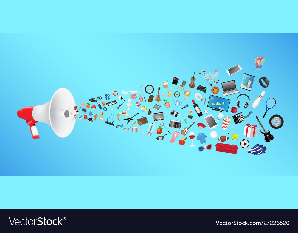 Megaphone with general shopping objects