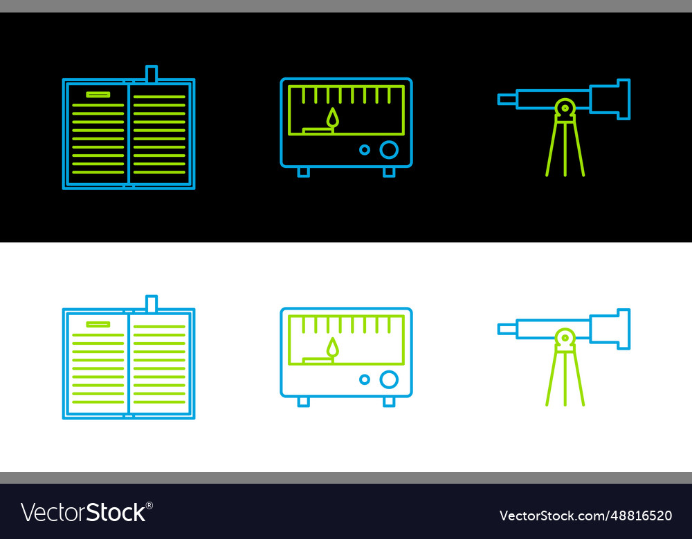 Set line telescope open science book vector image Set line telescope open science book