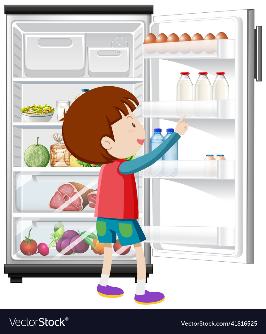 A boy and refrigerator with lots of food Vector Image