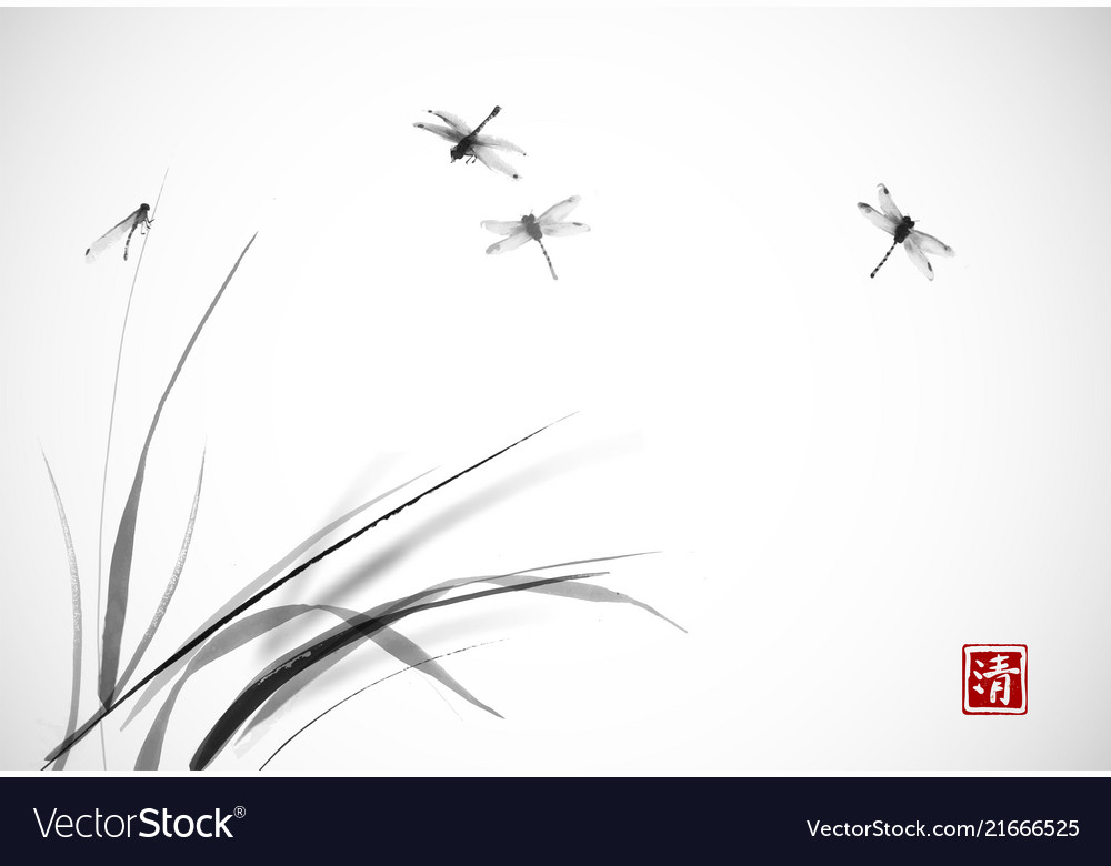 Dragonflies Flying Over Grass Traditional Vector Image