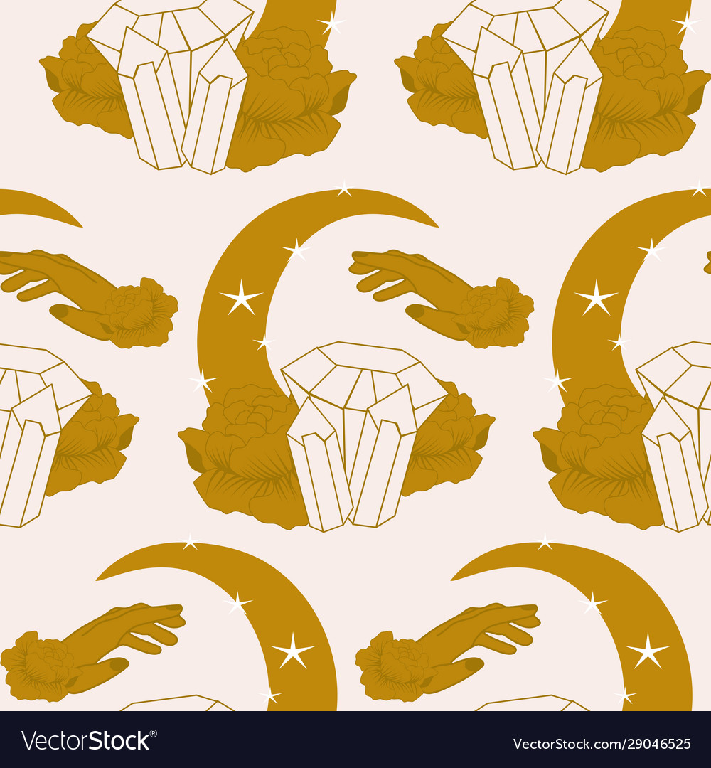 Golden moon hands and gems in a seamless pattern vector image Golden moon hands and gems in a seamless pattern