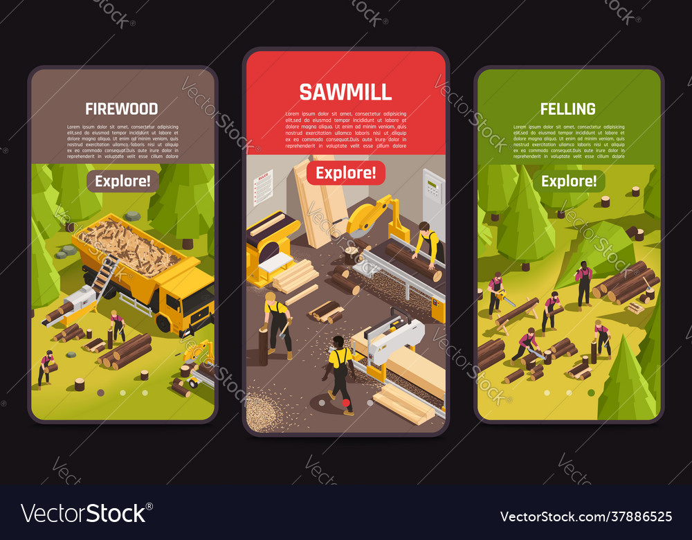 Sawmill isometric banners Royalty Free Vector Image