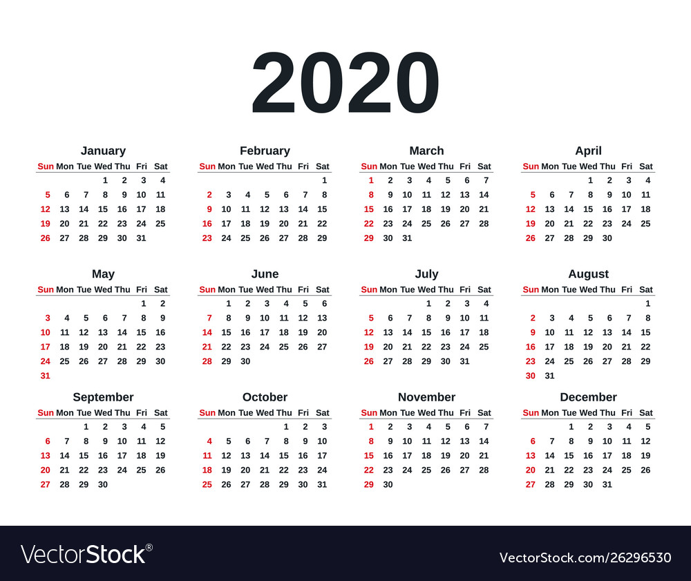 2020 Calendar Year Template Planner Royalty Free Vector