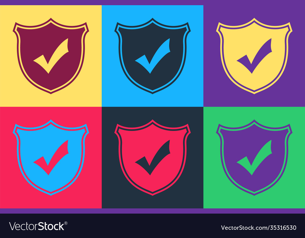 Pop art shield with check mark icon isolated