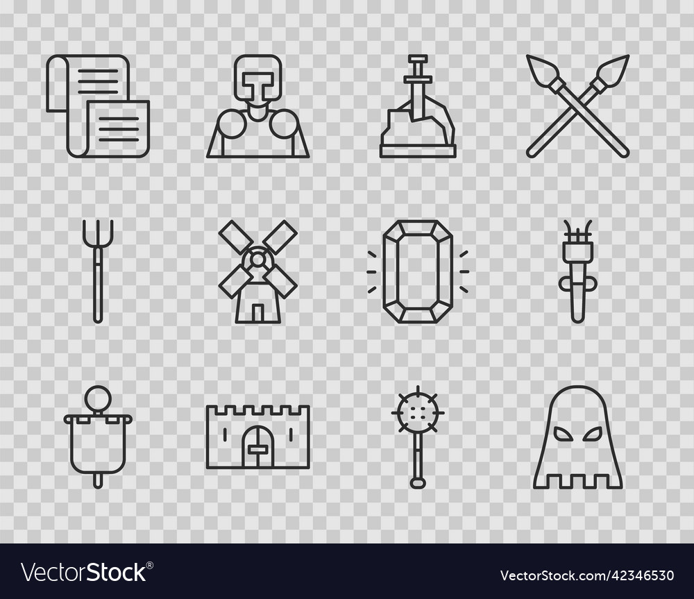 Set line medieval flag executioner mask sword vector image Set line medieval flag executioner mask sword