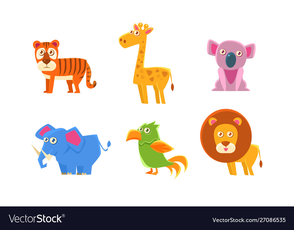 Collection cute exotic animals tiger giraffe