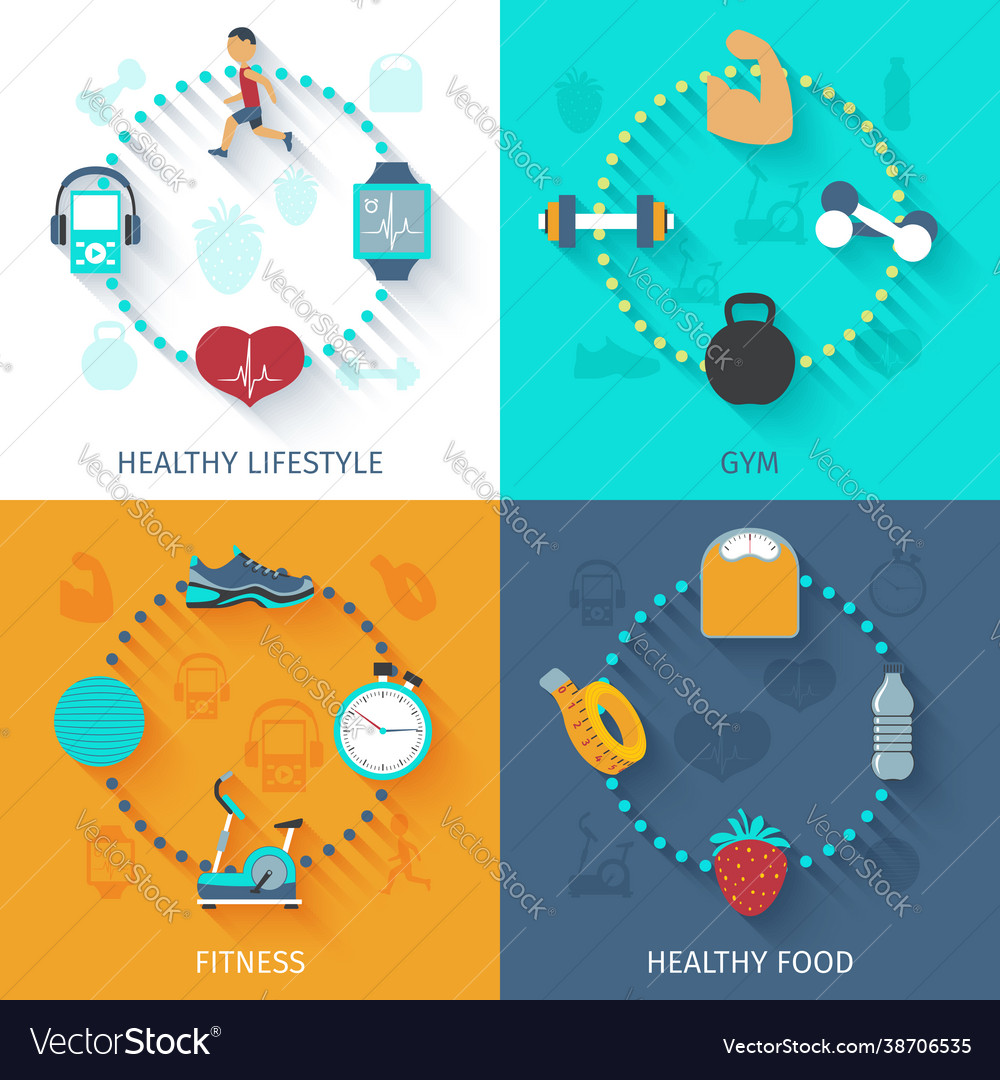 Fitness 4 flat icons square banner Royalty Free Vector Image