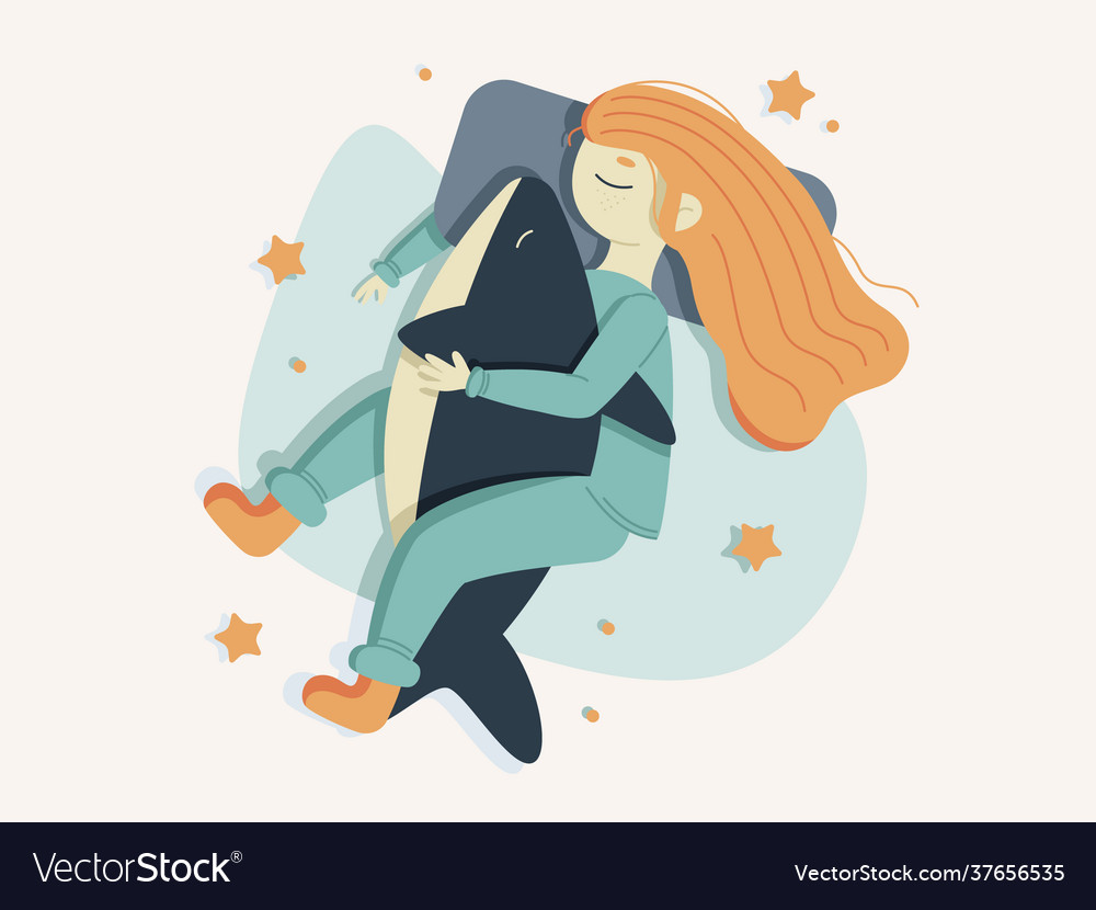 Girl is sleeping with toy shark vector image Girl is sleeping with toy shark