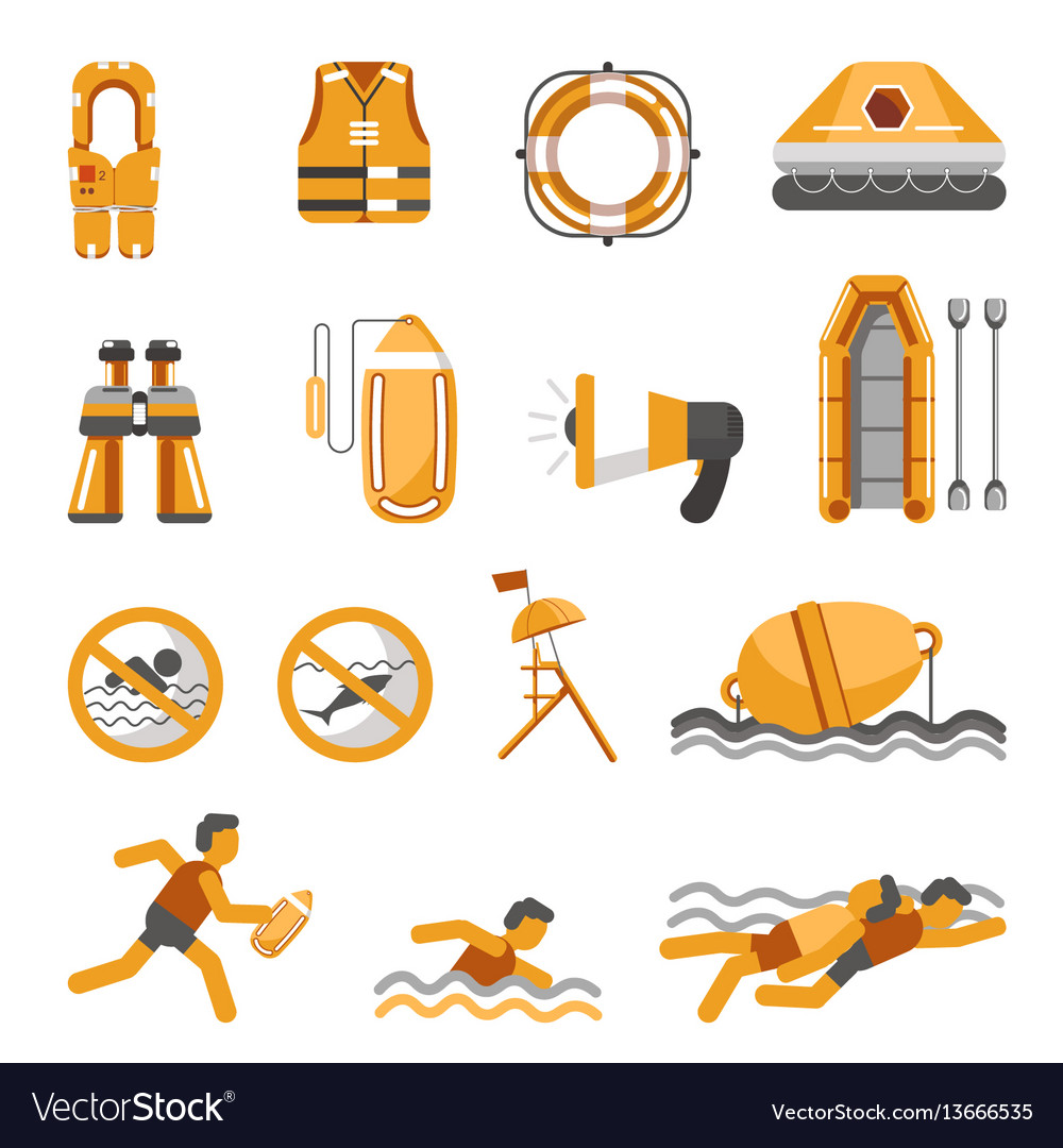 Safety on water flat icons set Royalty Free Vector Image