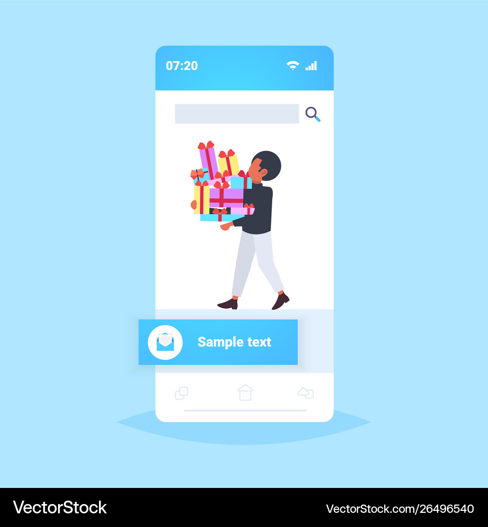Man carrying stack wrapped gift boxes big Vector Image