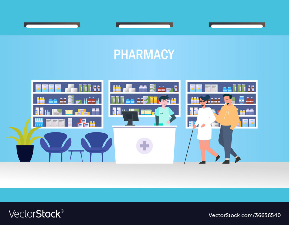 Modern pharmacy interior with visitors set client