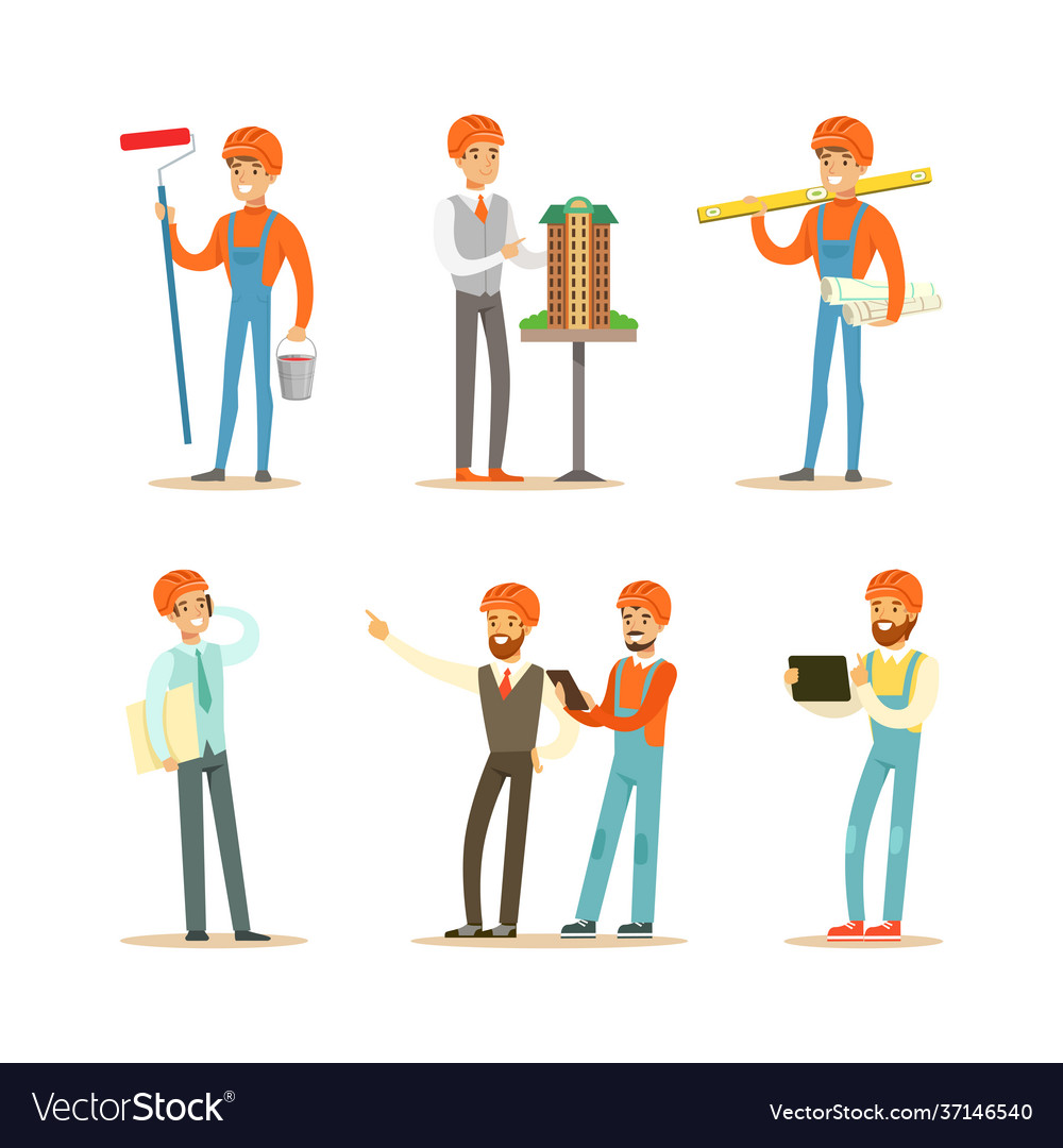 Professional builders with tools set construction Vector Image