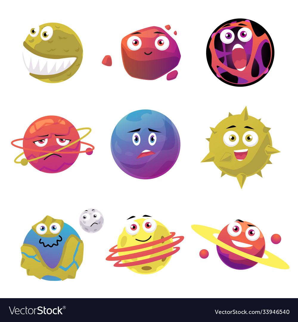 Set planets and meteors cartoon characters flat